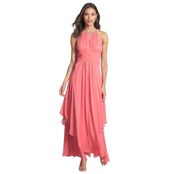Eliza J Coral Asymmetrical Embellished Tiered Maxi Gown EUC size 6 - Picture 1 of 9